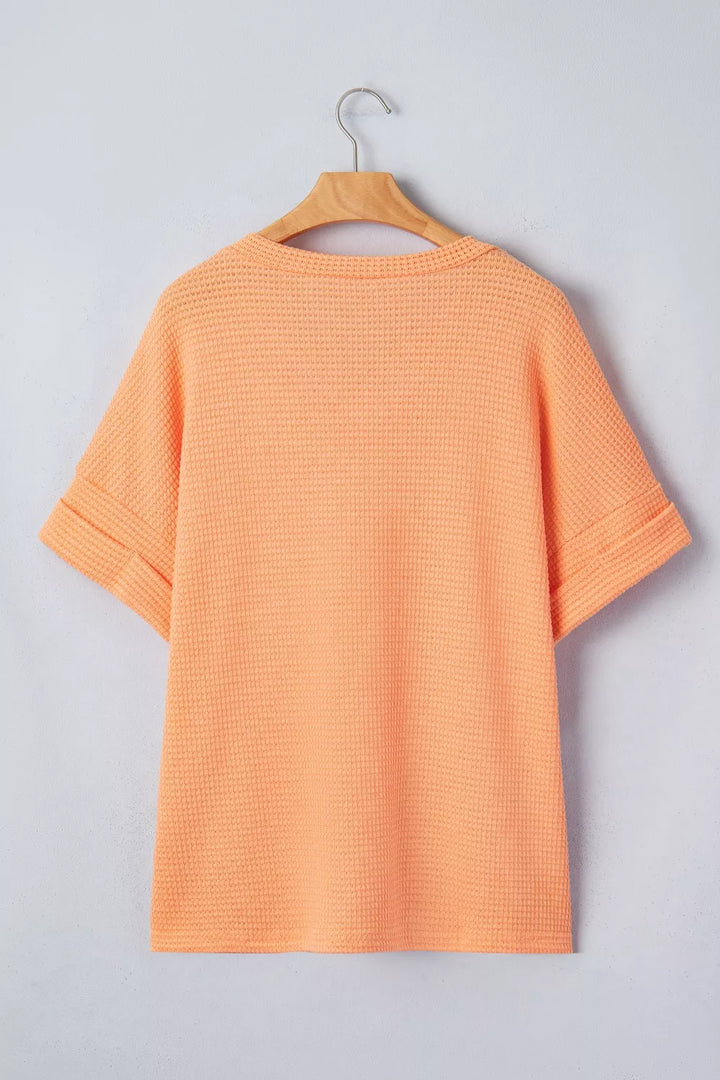 Waffle knit V-neck tee with cuffed short sleeves