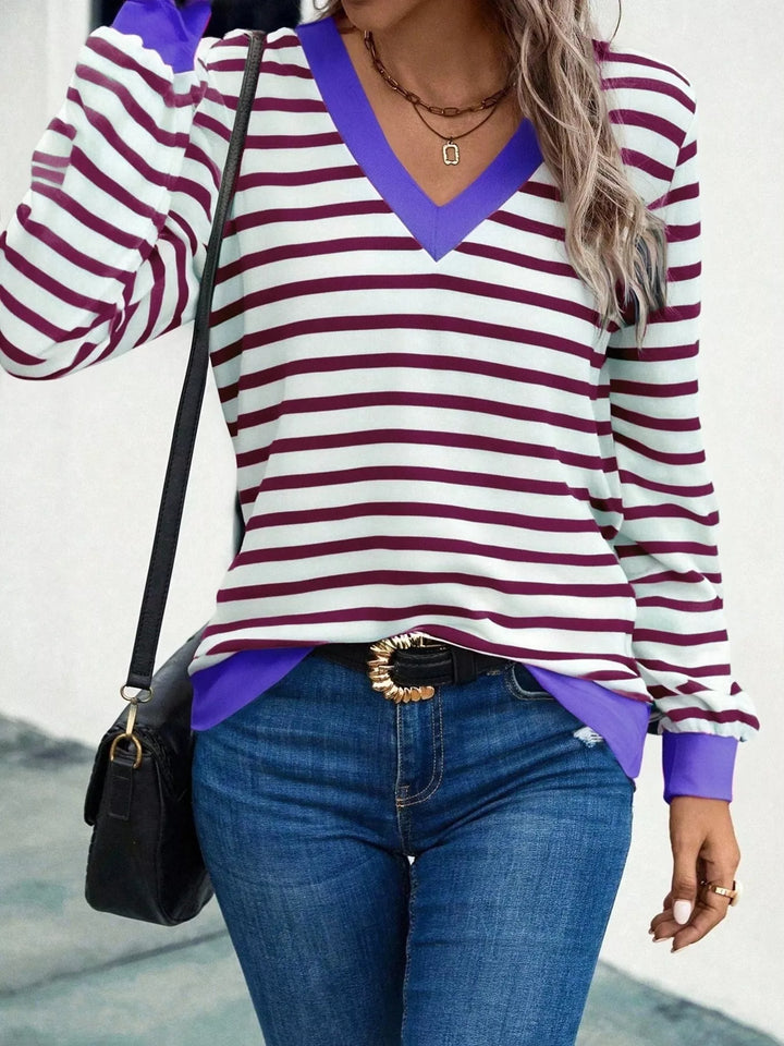 Striped V-neck long sleeve top with contrast trim