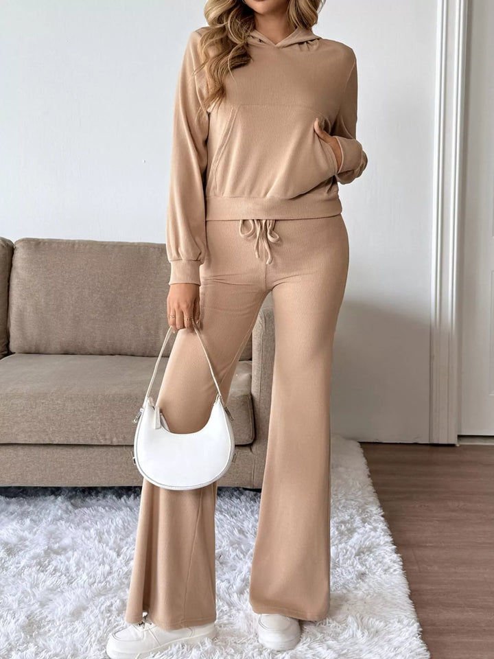 Ribbed knit hoodie and wide-leg pants two-piece set