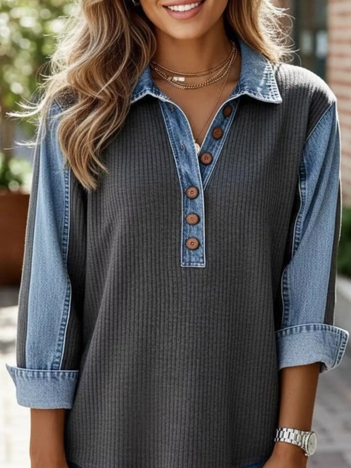 Ribbed knit sweatshirt with denim collar and button placket