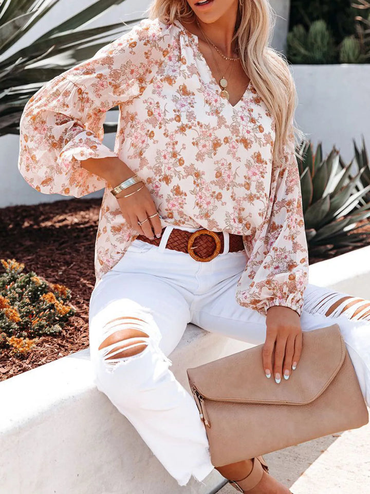 Floral print V-neck button-front blouse with long sleeves