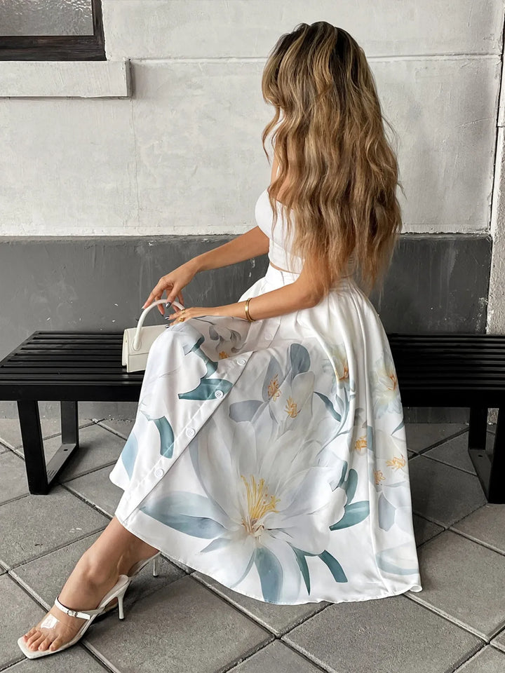 Floral print button-front A-line midi skirt