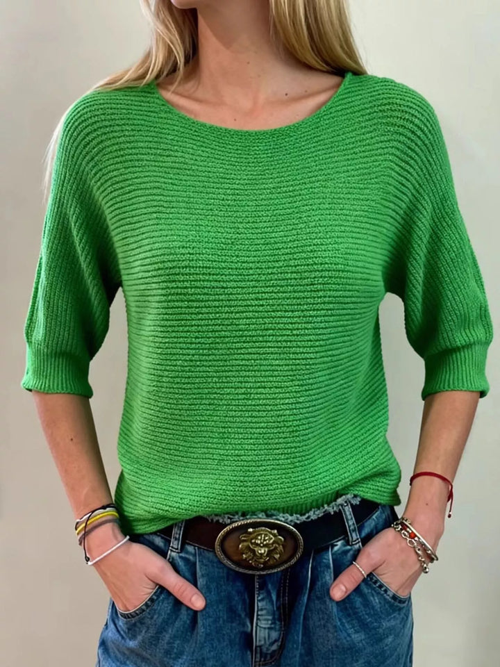 Green Ribbed knit round neck sweater with dolman sleeves