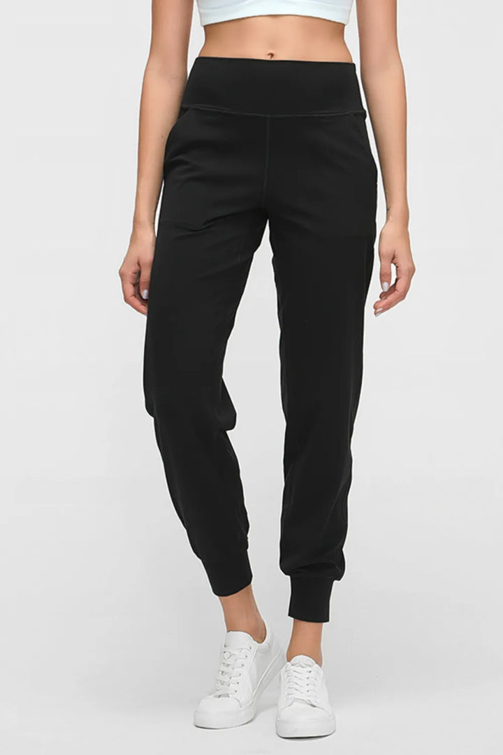 Black Wide waistband cropped joggers with pockets and ribbed cuffs