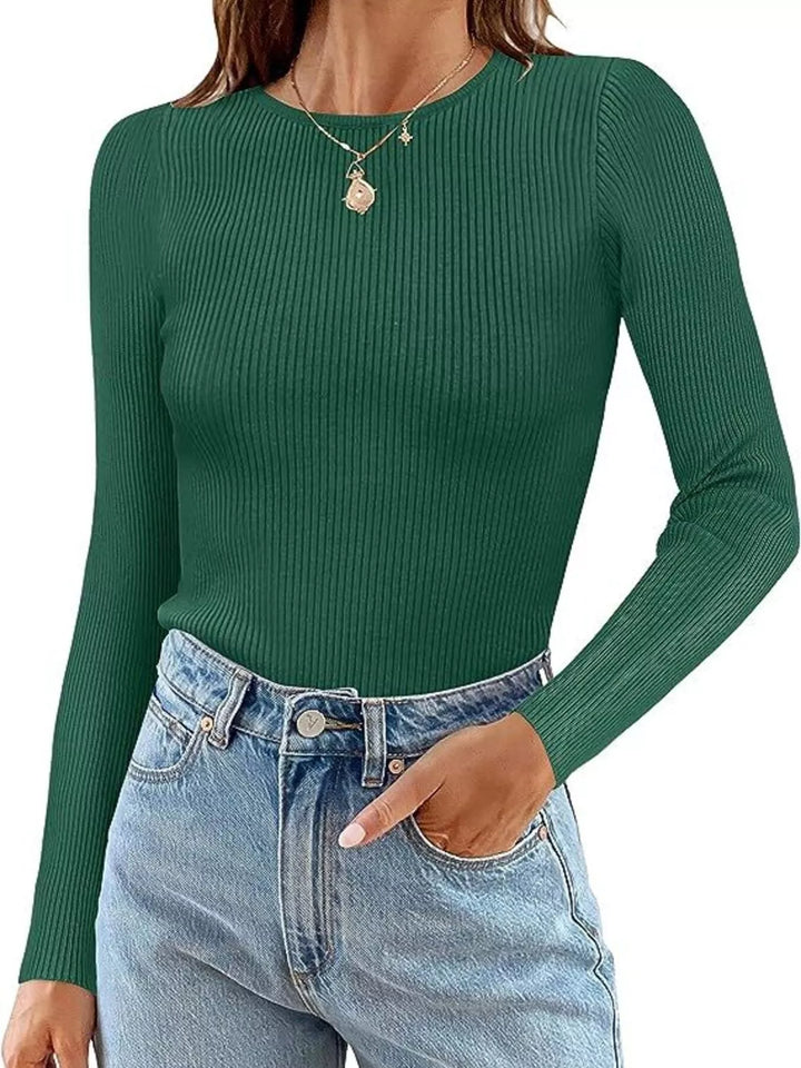 Army Green Ribbed knit slim-fit long sleeve crew top