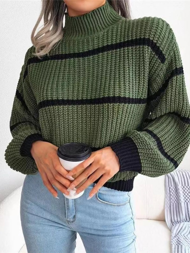 Striped mock neck chunky ribbed knit sweater