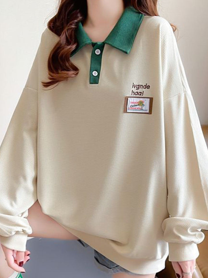 Contrast collar waffle-knit polo sweatshirt with drop shoulders
