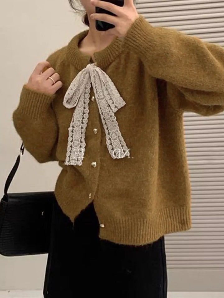 Brown Lace bow knit cardigan with gold heart buttons