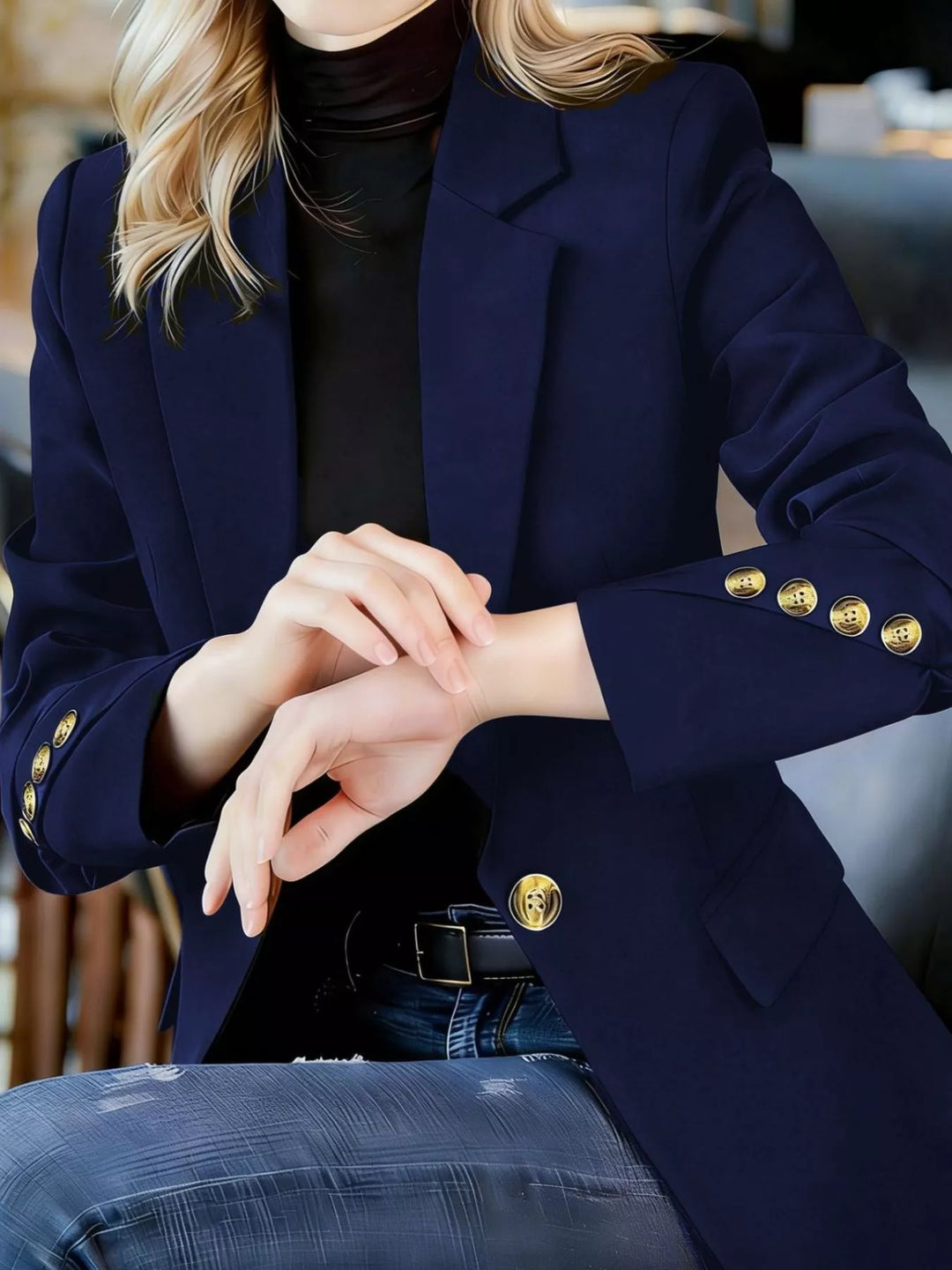 One-button notched lapel blazer with gold buttons