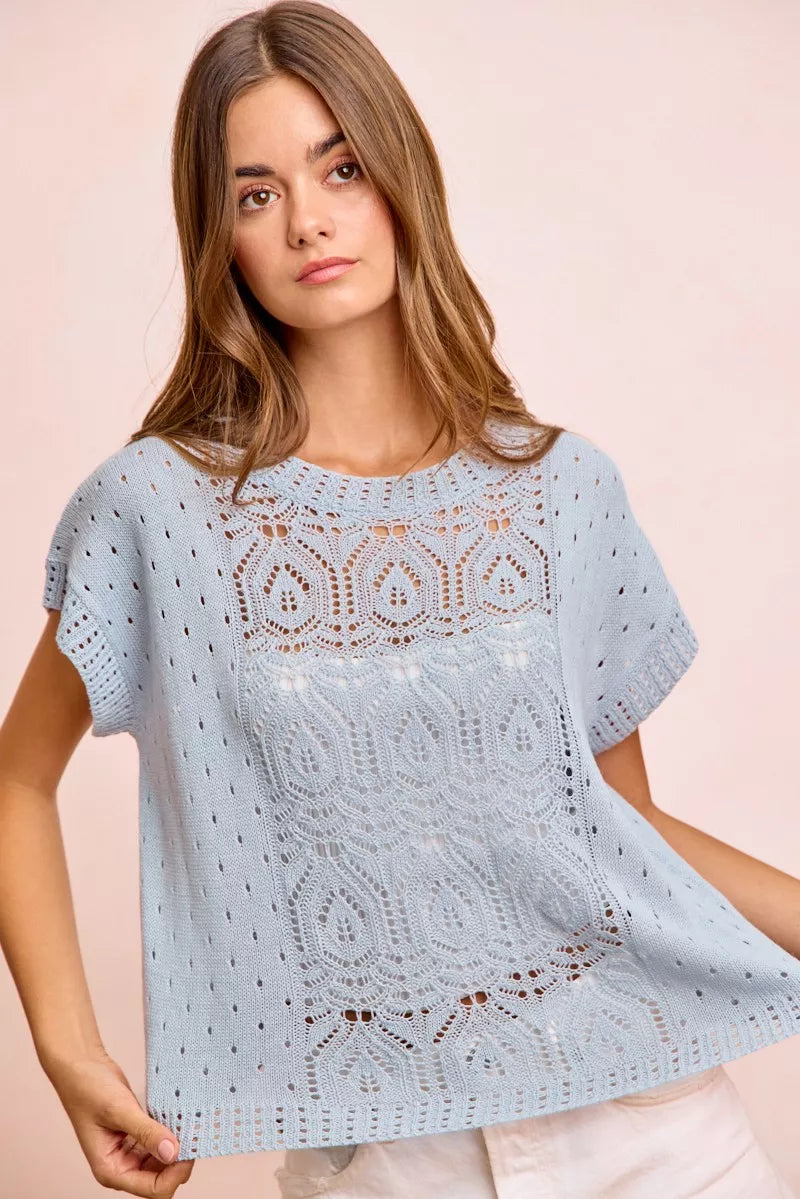 Washed eyelet openwork knit short sleeve top