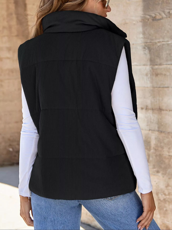 Corduroy stand collar zip-up puffer vest