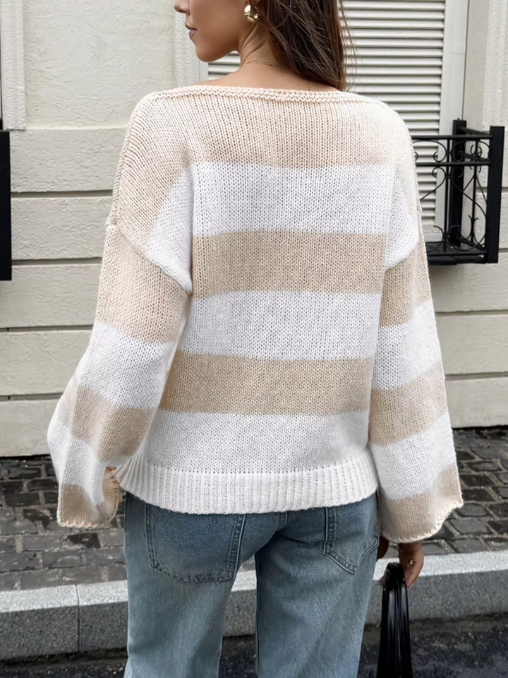 Wide stripe boat neck drop shoulder knit sweater