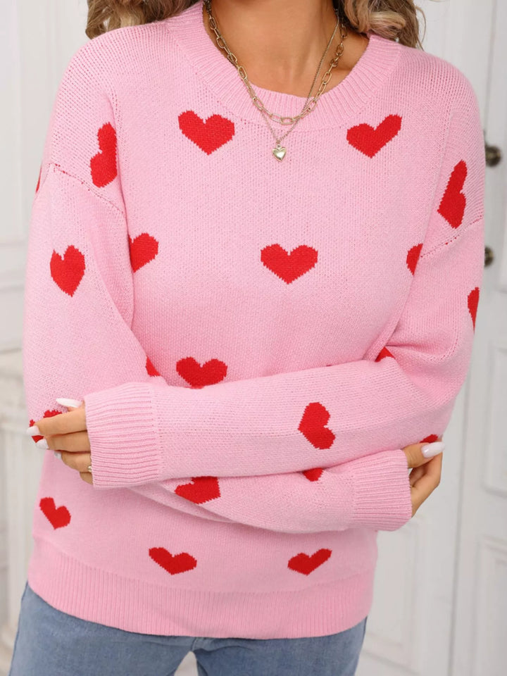 Heart pattern dropped shoulder crew neck sweater
