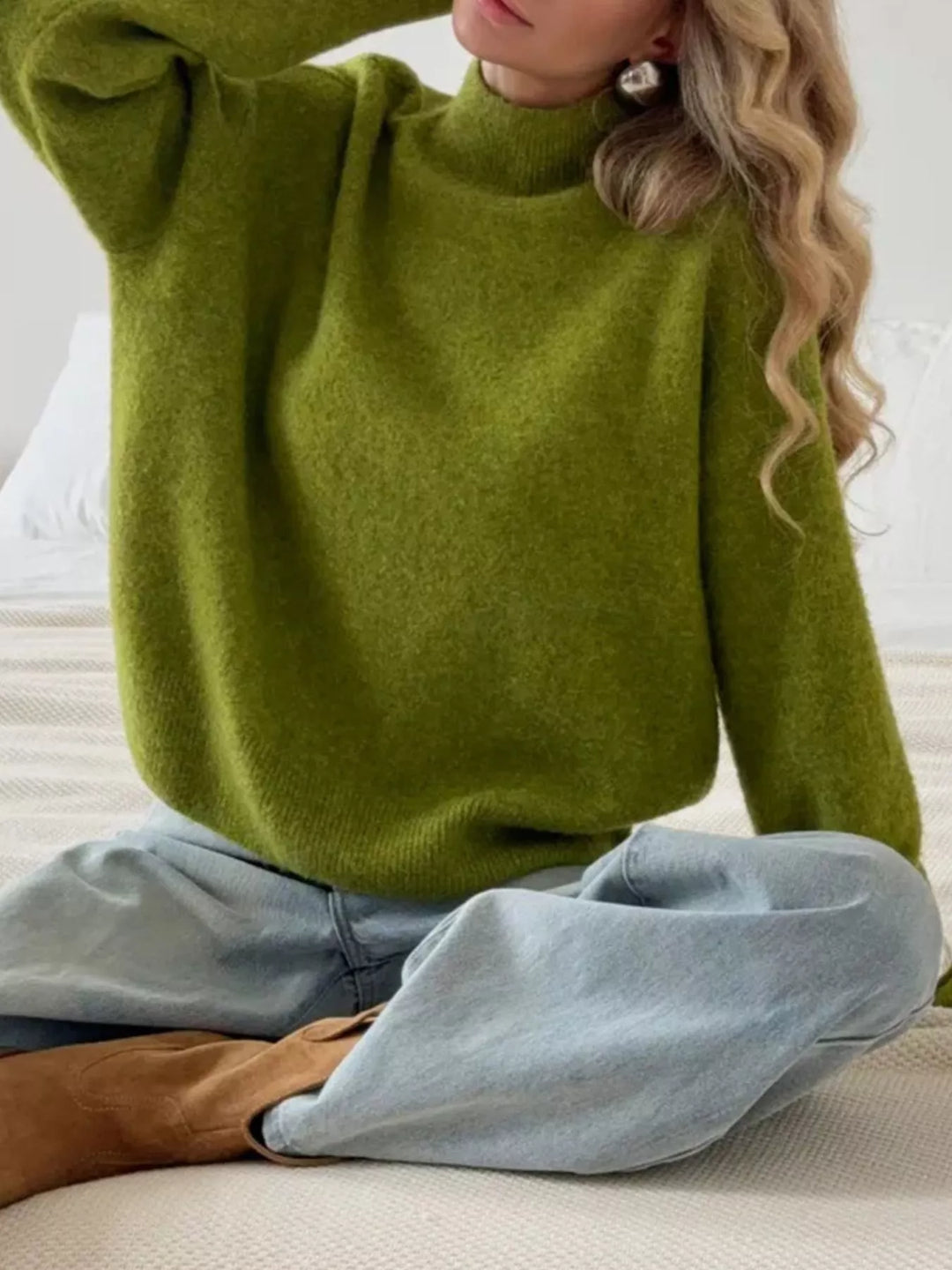 Ribbed mock neck dropped shoulder knit sweater