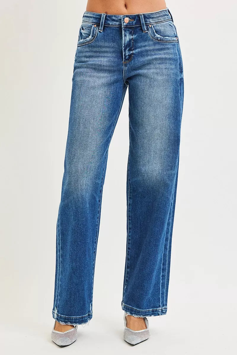 Slouchy wide-leg baggy jeans with raw hem and side seam detail