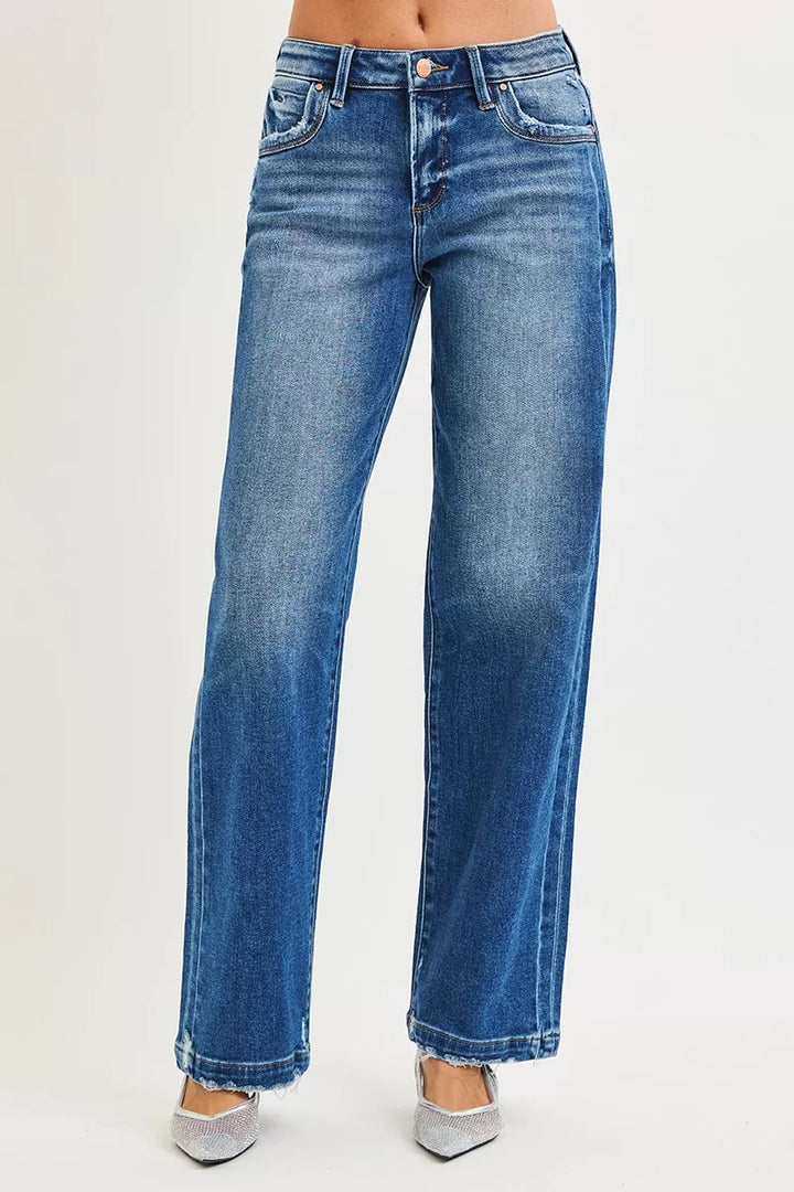 Slouchy wide-leg baggy jeans with raw hem and side seam detail