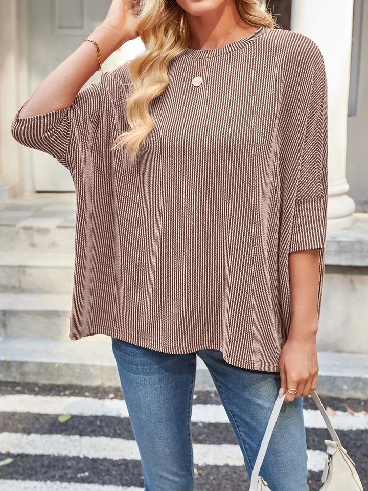 Ribbed knit dolman-sleeve relaxed crew neck top