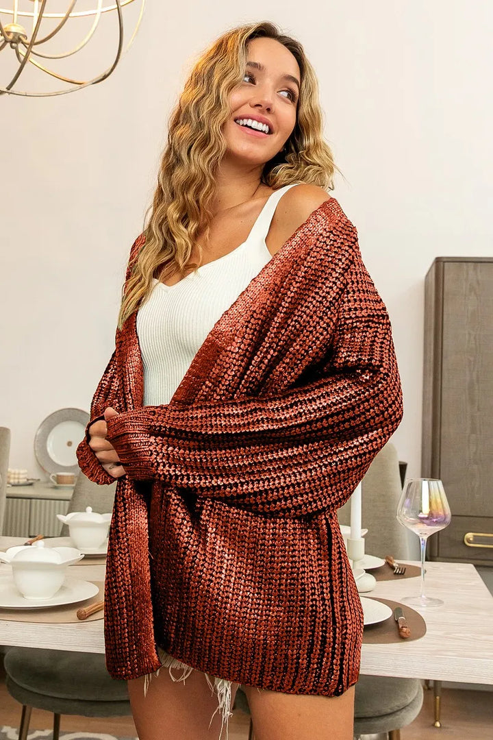 Metallic ribbed knit open-front longline cardigan