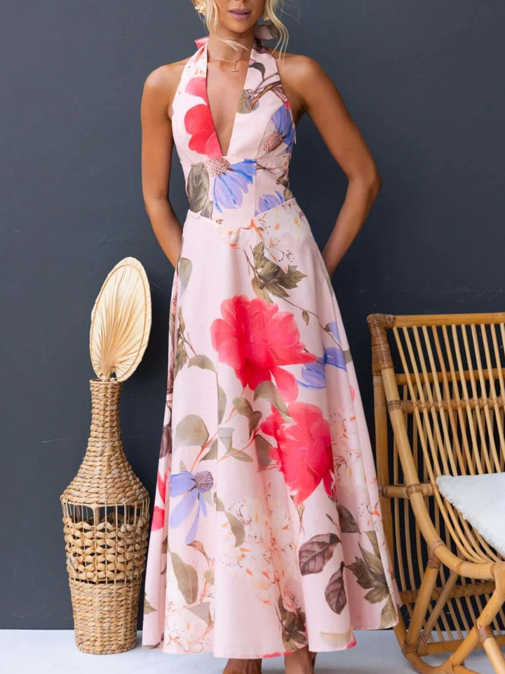 Floral print halter maxi dress with lace-up back