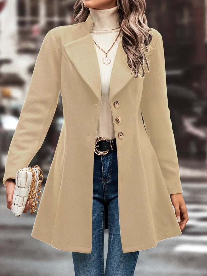 Button-front longline coat with notched lapel and flared hem