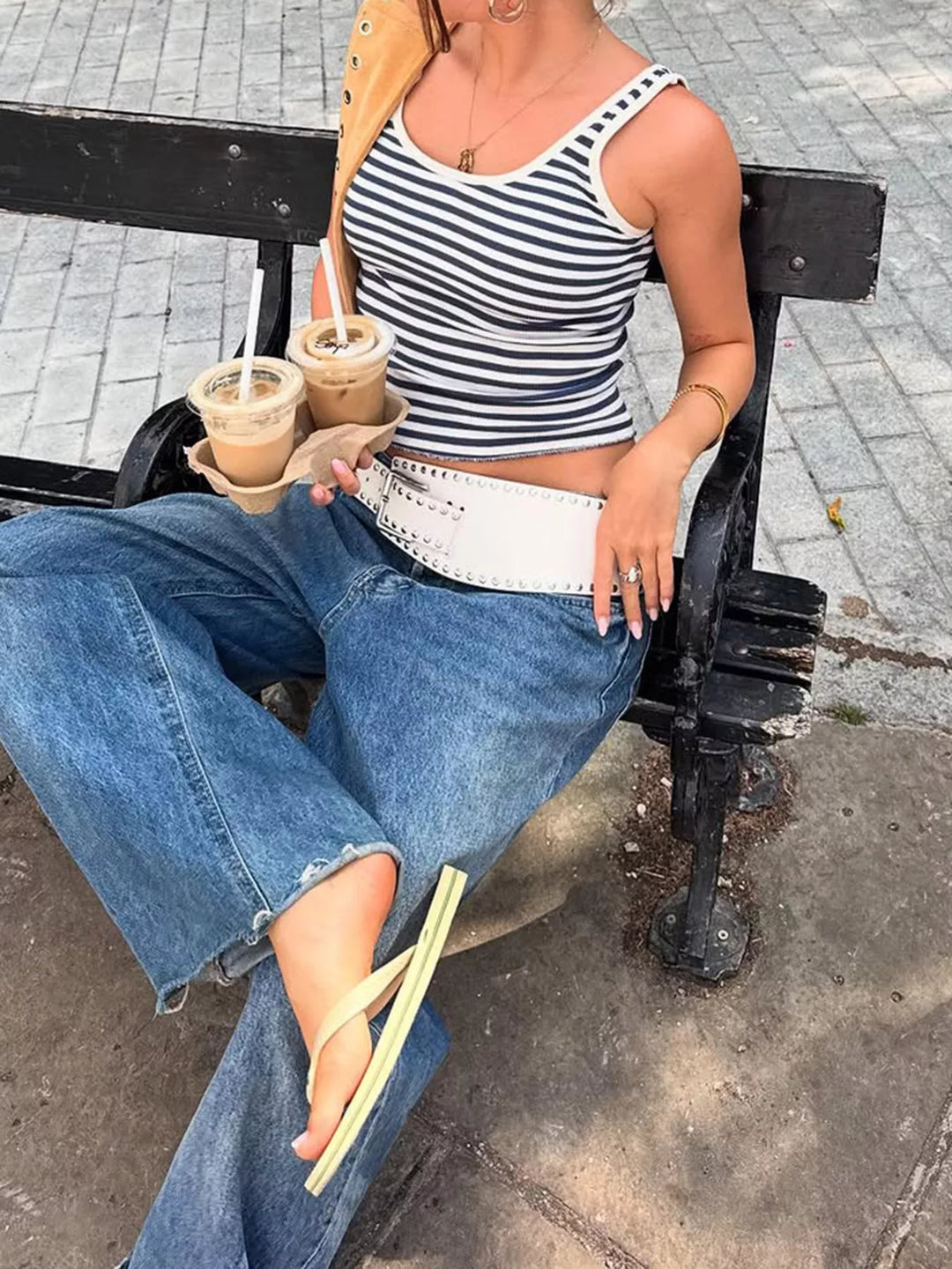 Striped ribbed scoop neck cropped tank top