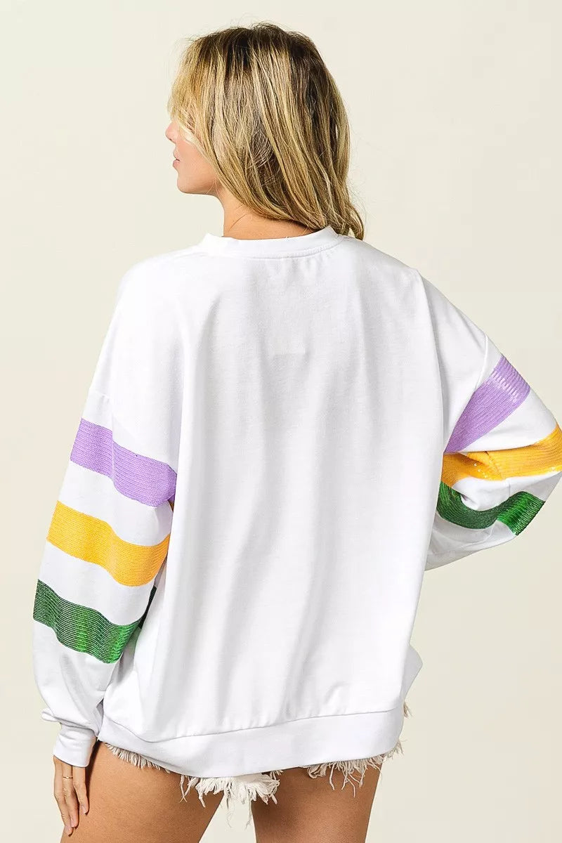 Sequin stripe Mardi Gras crewneck sweatshirt