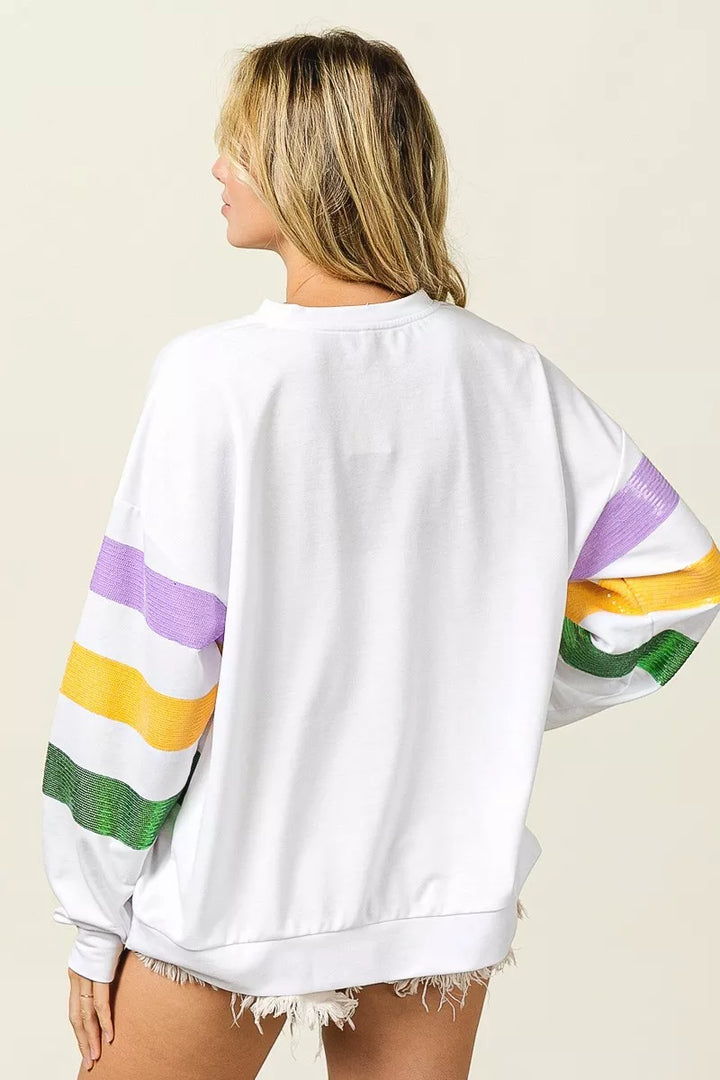 Sequin stripe Mardi Gras crewneck sweatshirt