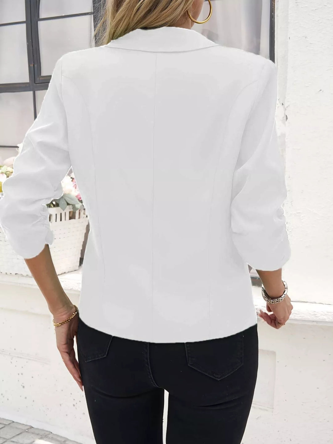 Ruched sleeve notched lapel one-button blazer