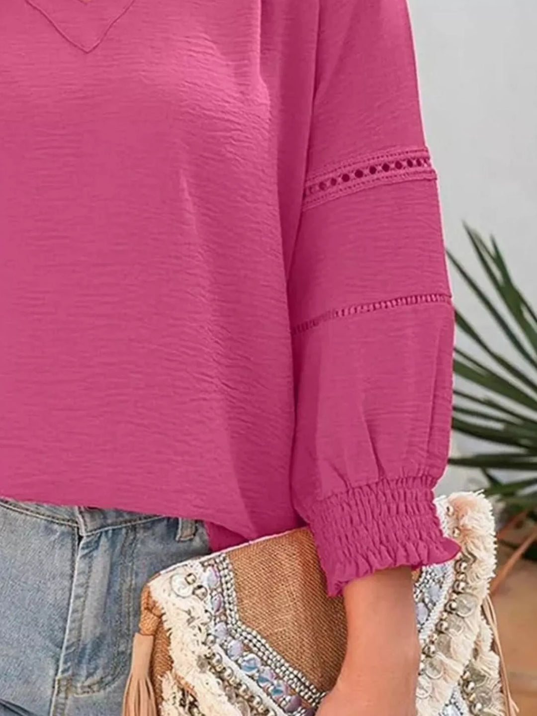 Openwork lace trim blouse with smocked cuffs and split neck