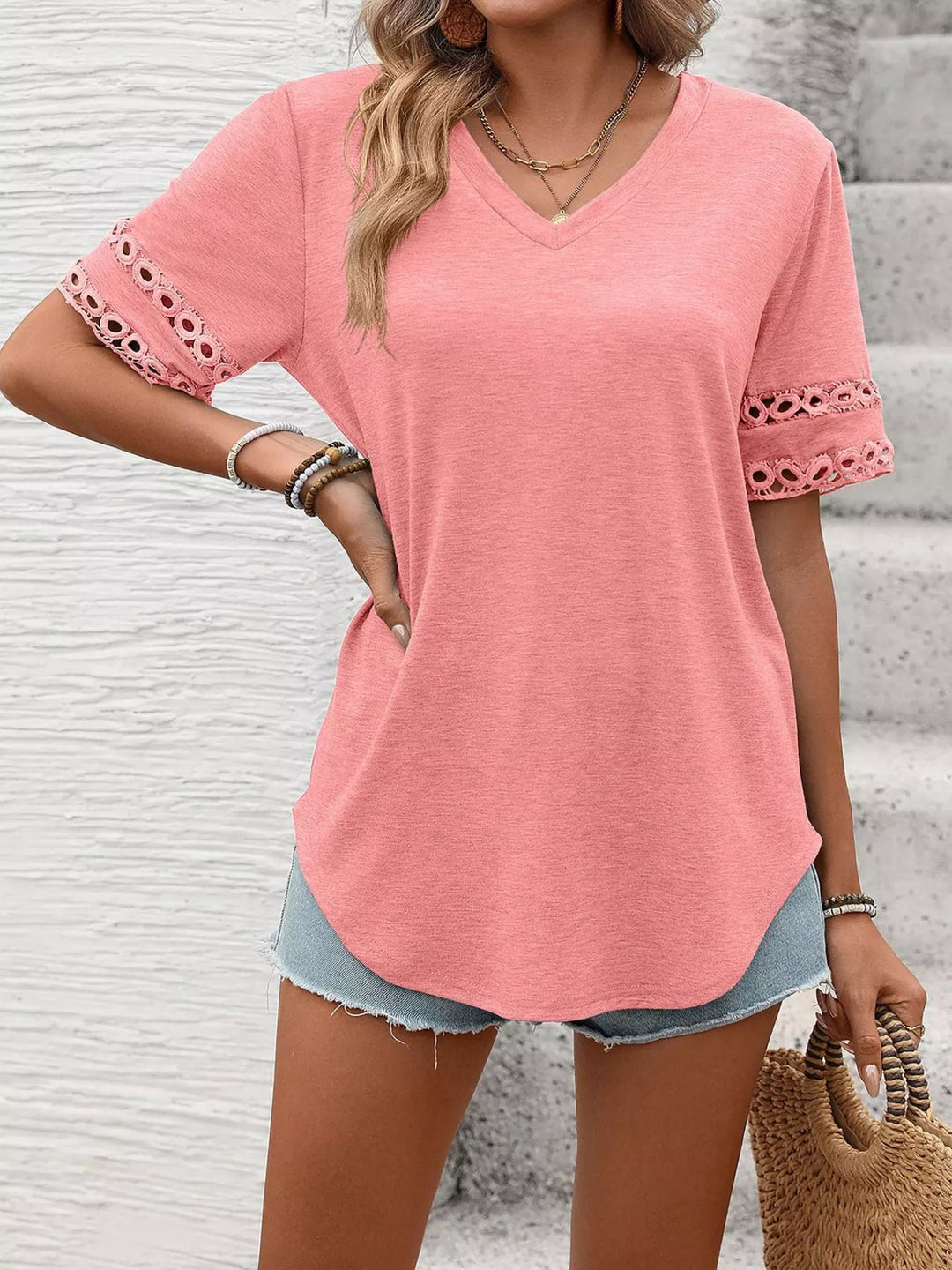 V-neck tee with crochet lace cutout sleeves