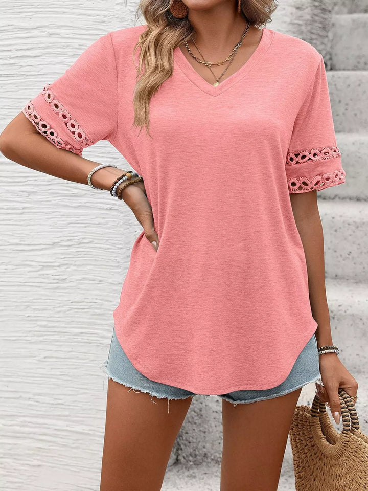V-neck tee with crochet lace cutout sleeves