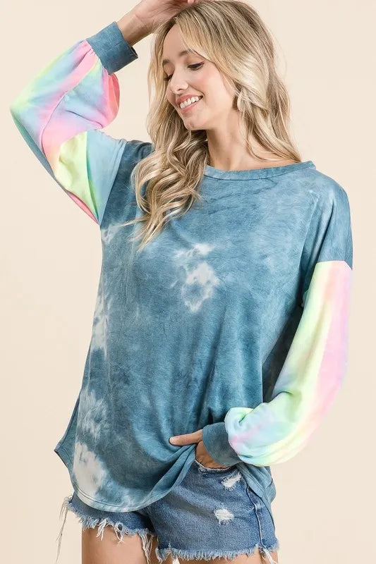 Tie-dye French terry top with contrast rainbow sleeves