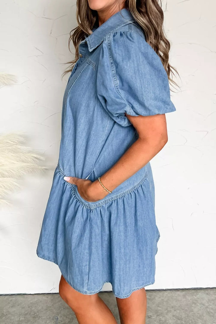 Button-down puff sleeve denim mini dress with ruffle hem