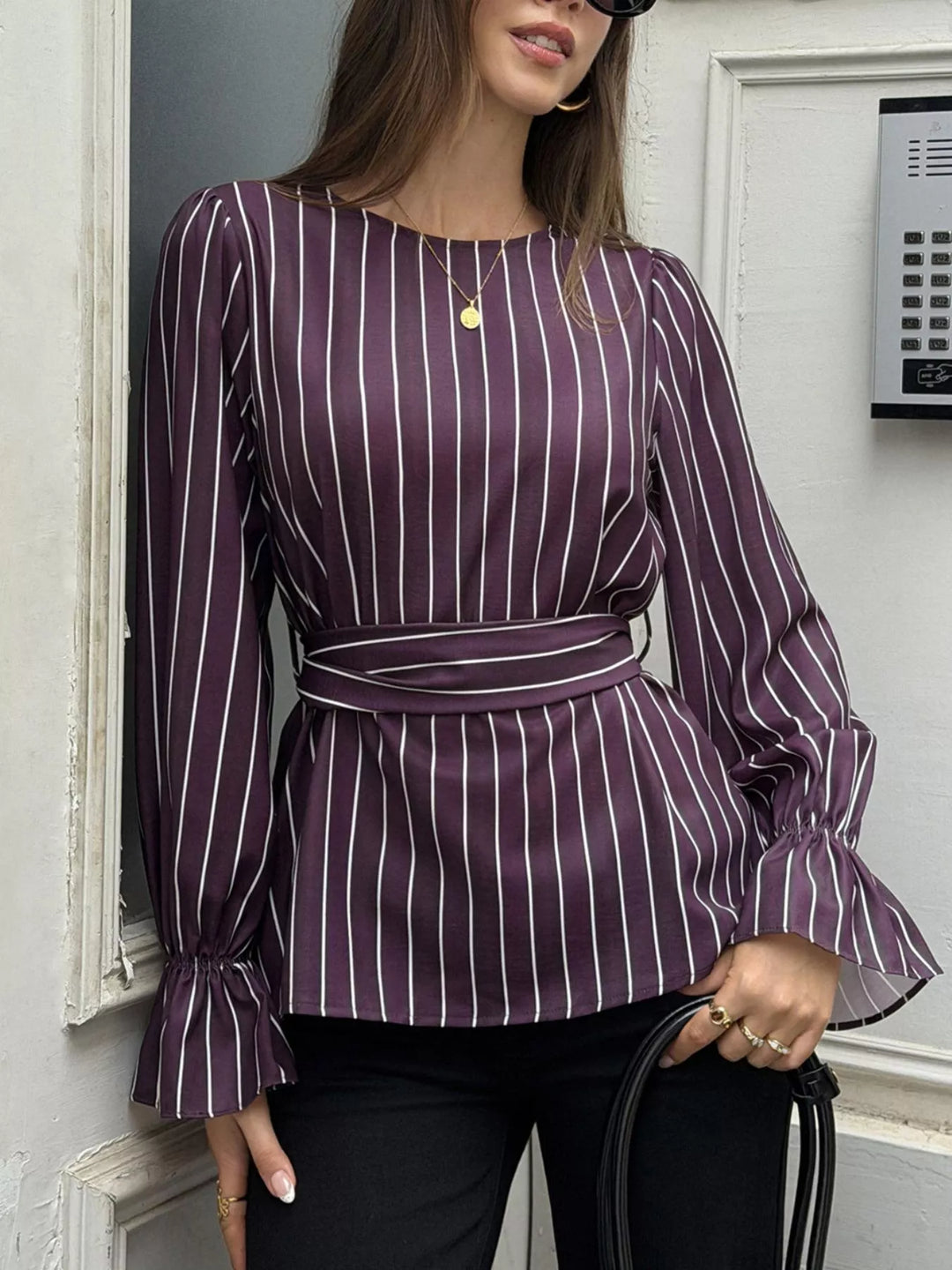 Striped tie-waist blouse with flounce bell sleeves