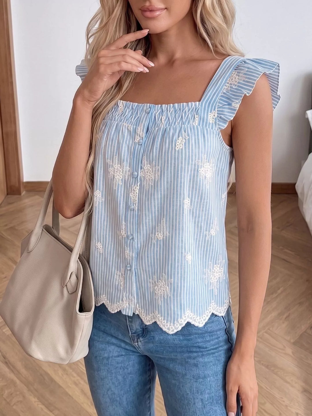 Striped floral embroidered square-neck ruffle-sleeve blouse