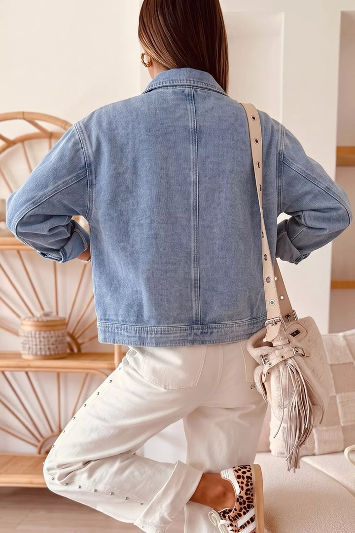 Studded zip-front cropped denim jacket with patch pockets