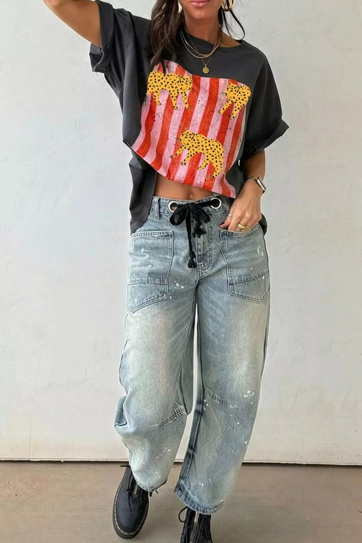 Cheetah stripe graphic crew neck cotton tee