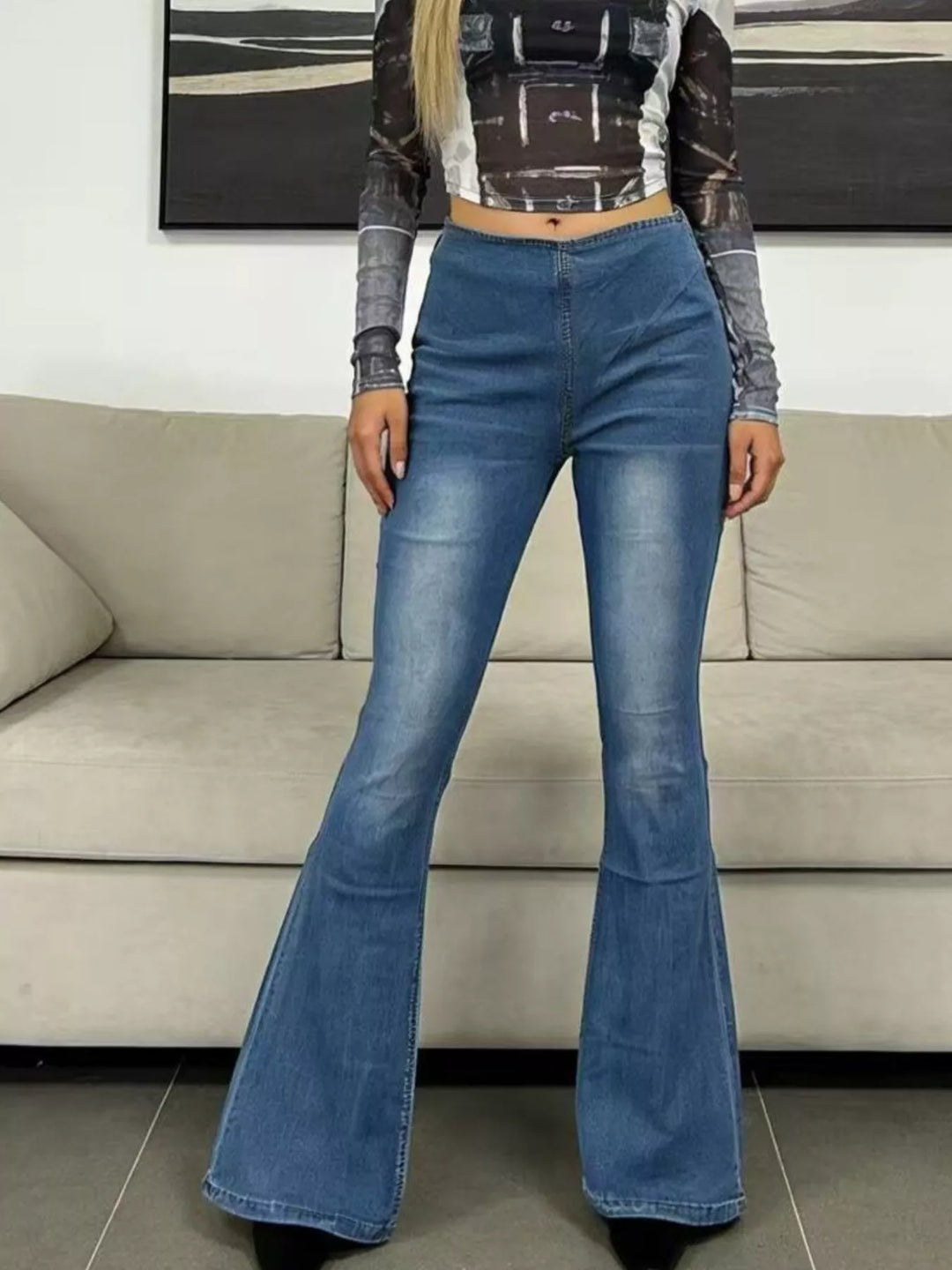Blue High-rise flare jeans with faded whiskering