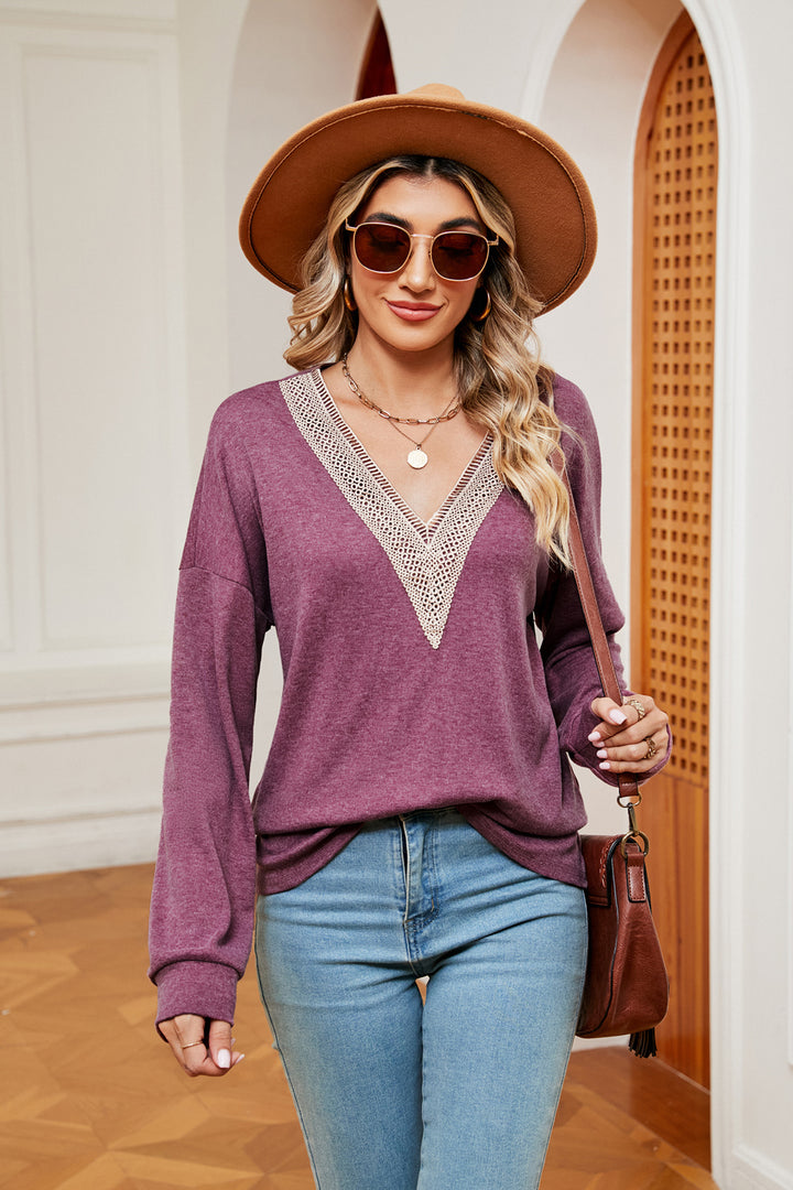 Lilac Crochet trim V-neck long sleeve knit blouse