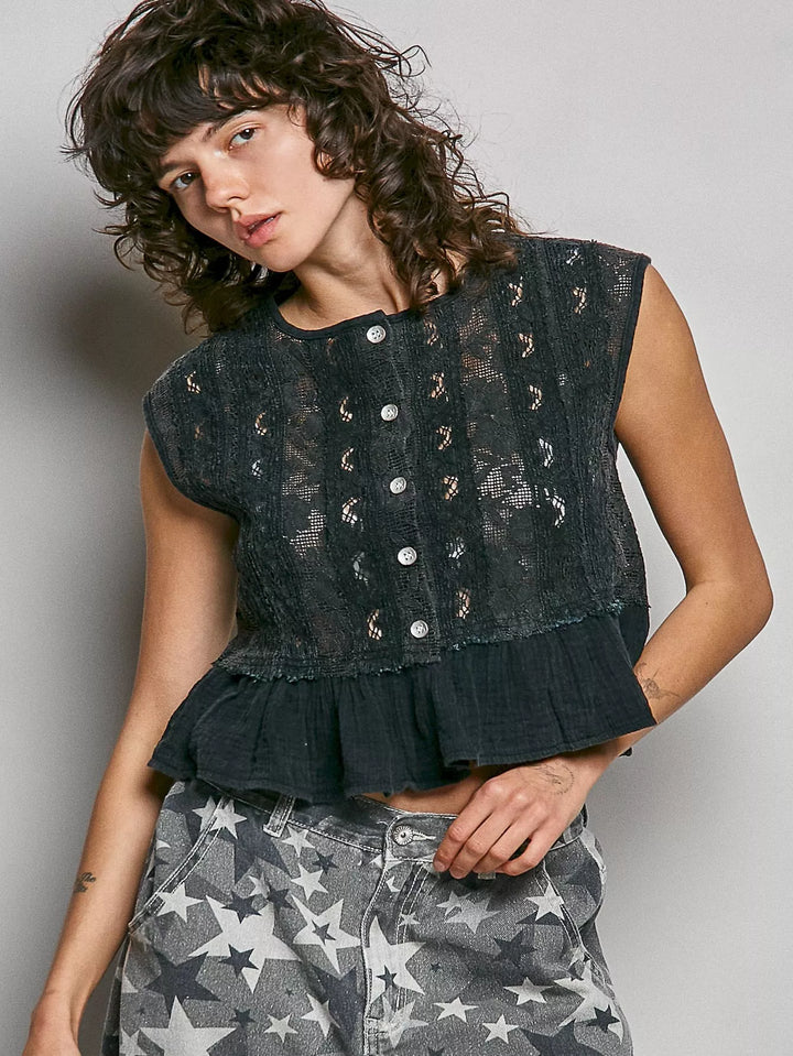 Lace button-front crop top with gauze ruffle hem