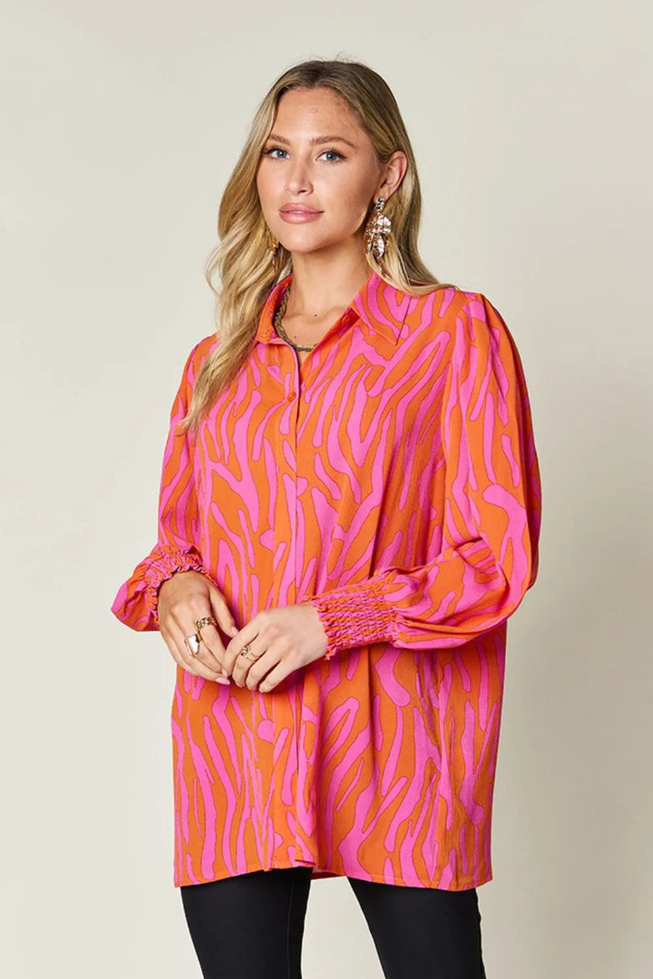Zebra print smocked-cuff long sleeve blouse
