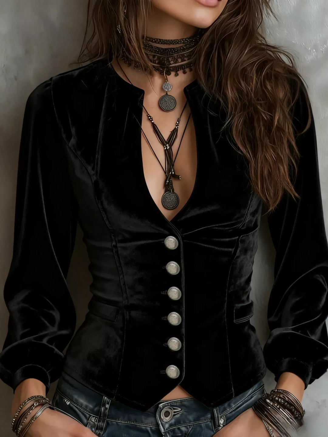 Black Fitted velvet button-down jacket with plunge V-neck
