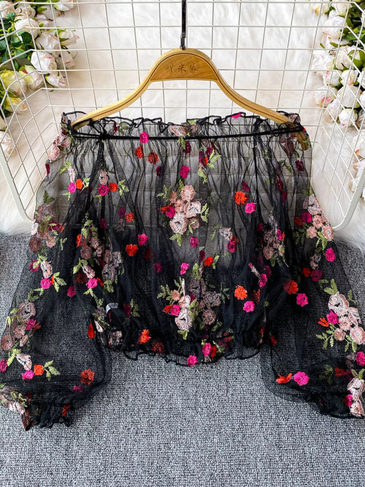 Floral embroidered off-shoulder mesh crop top with puff sleeves