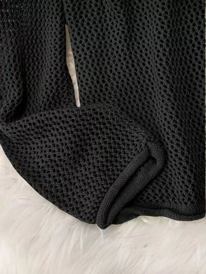 Openwork knit hooded pullover cover-up with V-neck