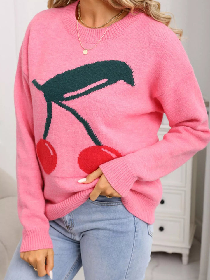 Pink Cherry motif crew neck long sleeve knit sweater