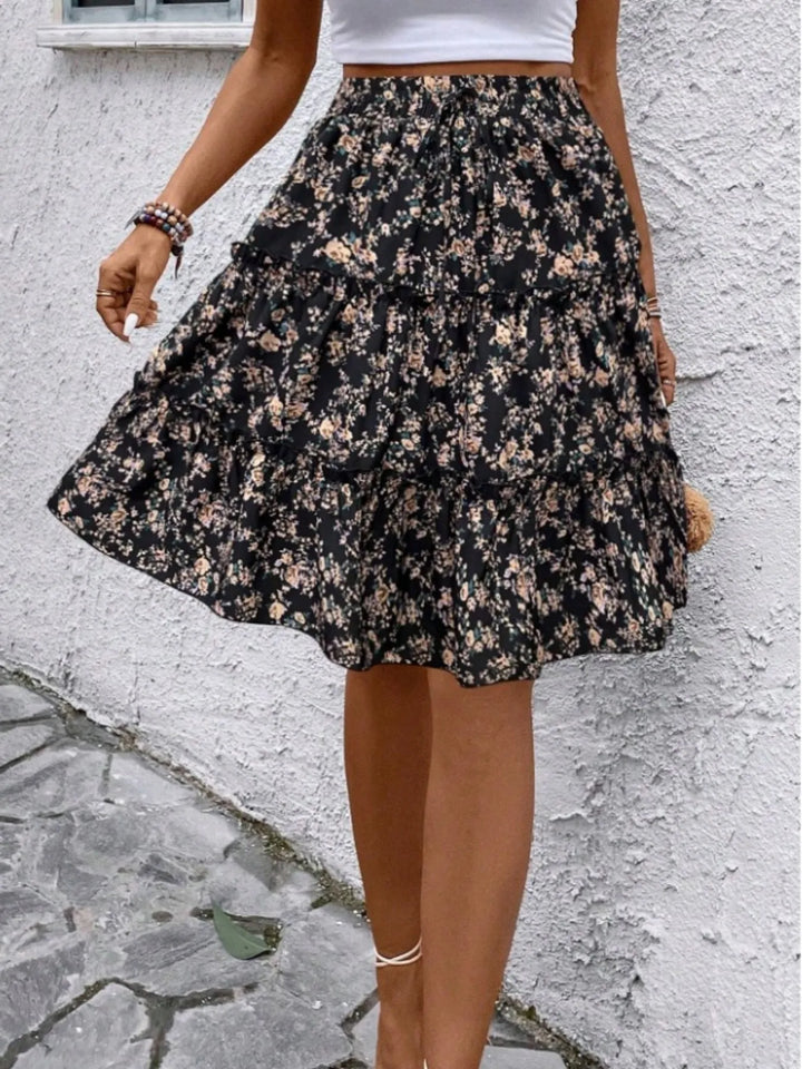Floral print tiered ruffle mini skirt