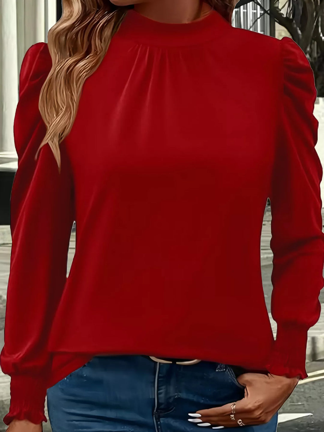 Mock neck puff sleeve blouse with smocked cuffs