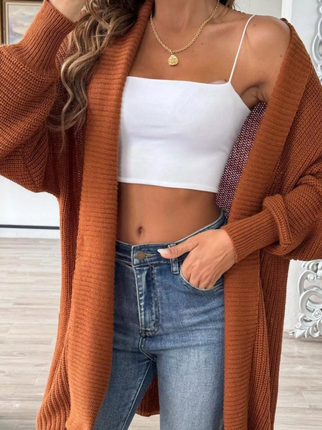 Ribbed knit open front longline cardigan with drop shoulder