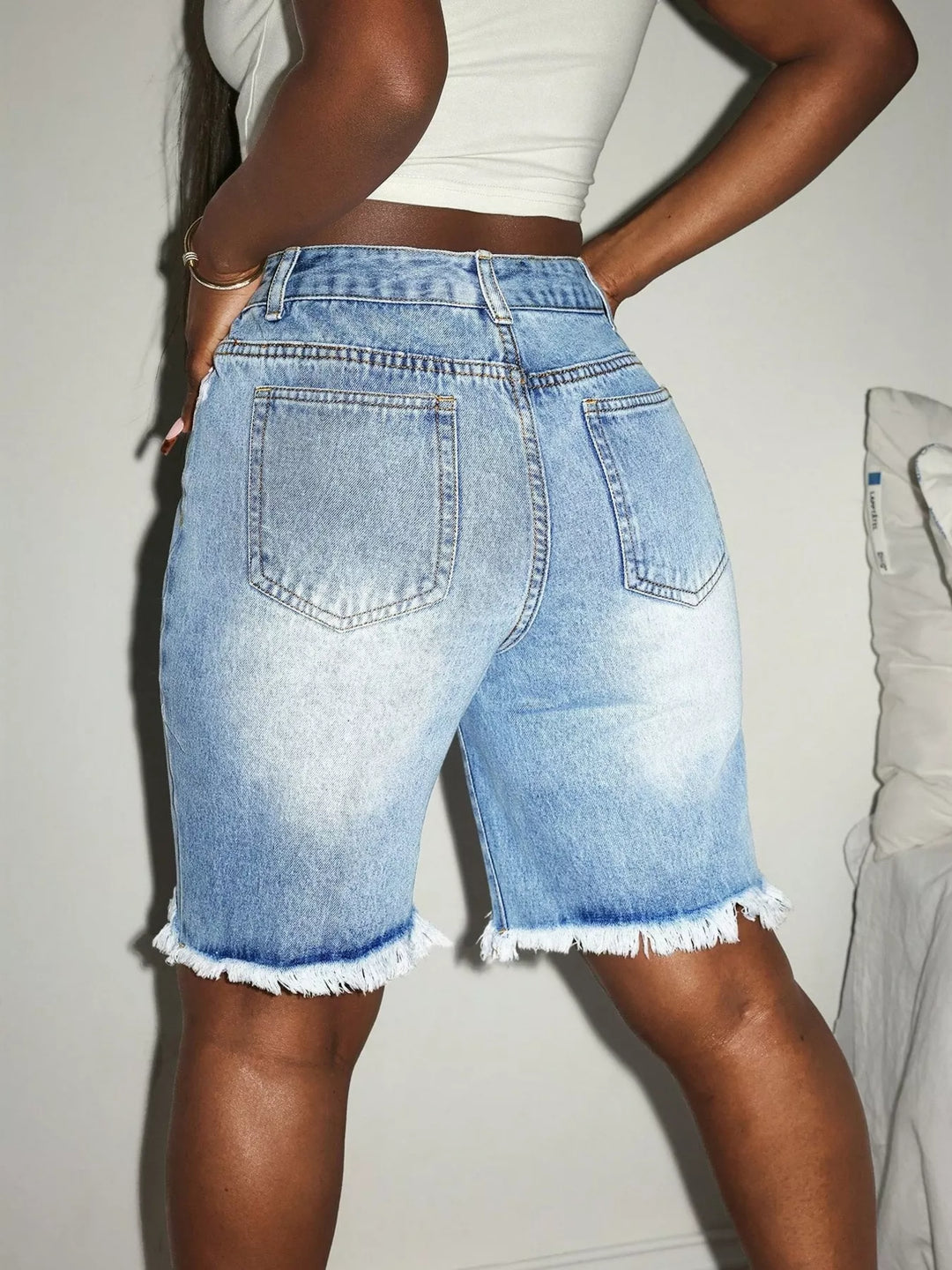 Distressed high-rise frayed hem denim shorts
