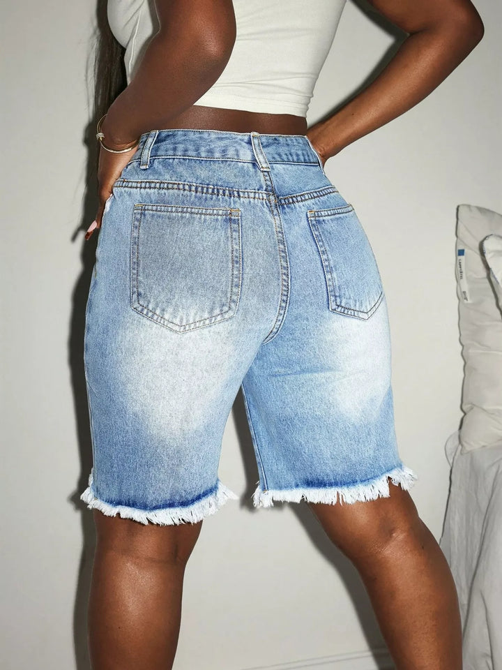 Distressed high-rise frayed hem denim shorts